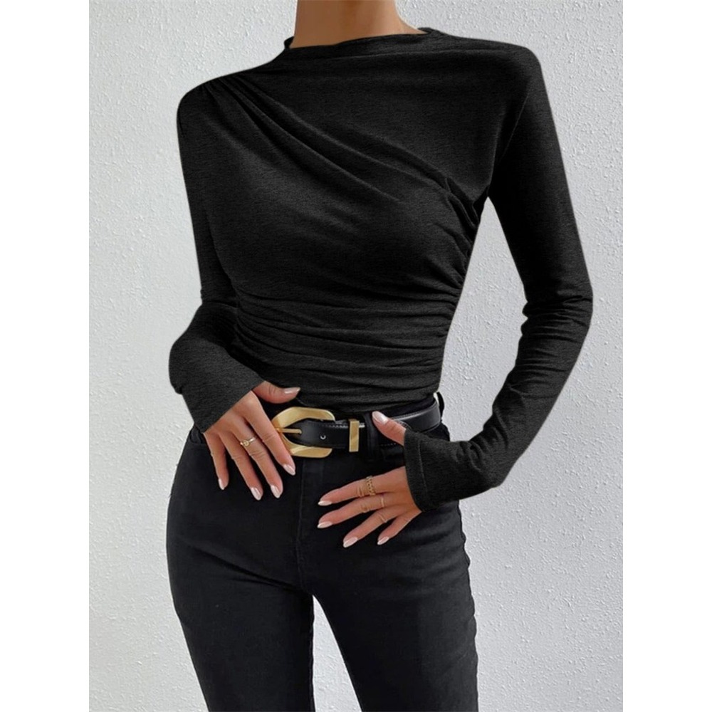Commense Chic Ruched Mock Neck Long Sleeve Stretch Jersey Top size M